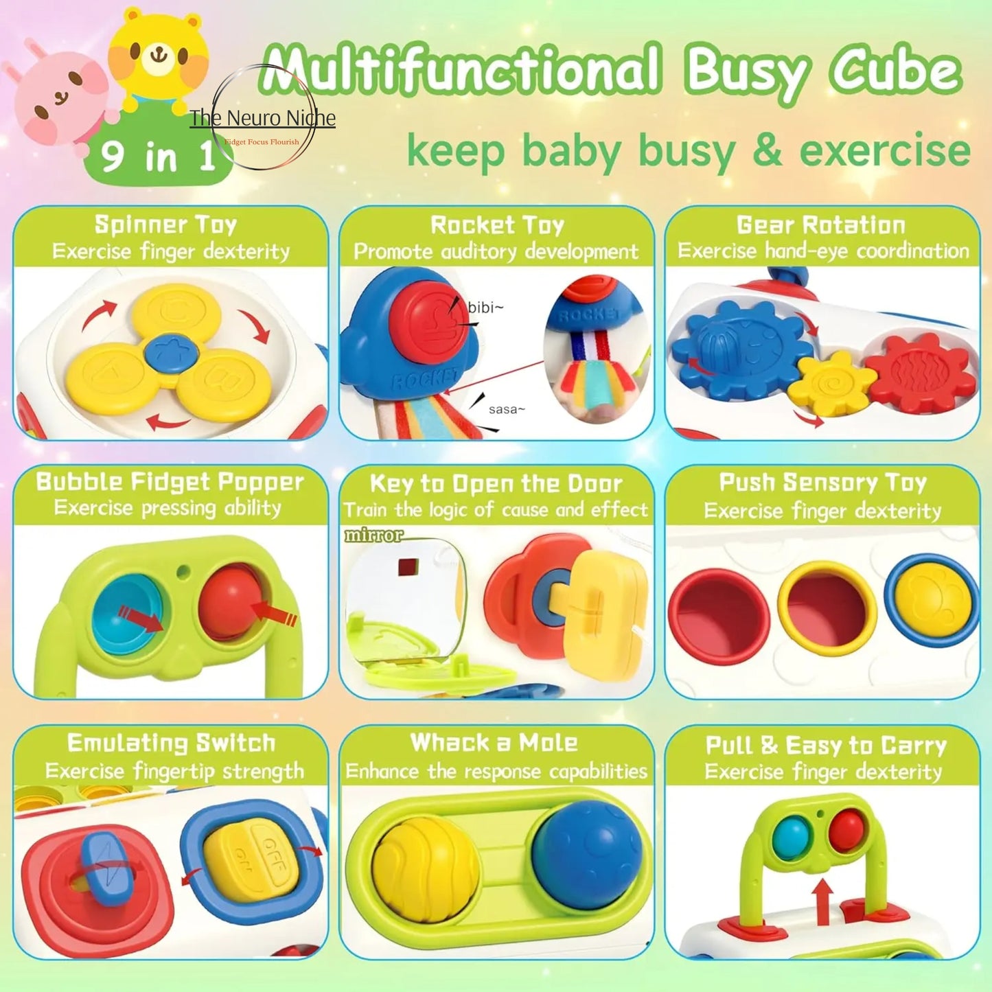 9-in-1 Sensory Fidget Cube Toy For Busy Toddlers Montessori Learning Toys